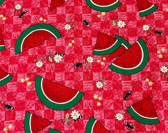 4 yds Vintage Printed Cotton Picnic Tablecloth, Red Watermelon Ants Summer, Susie Rose What's New Fabric
