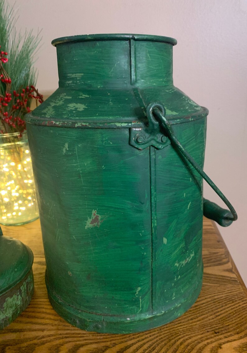 Aged Vintage Milk Pail With Lid Green Painted Galvanized Etsy