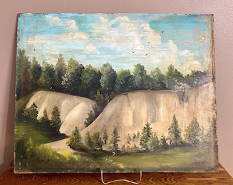 Vintage Hand Painted Oil Landscape Cliffs Sand Dunes Trees, Signed Painting, 20 in. x 16