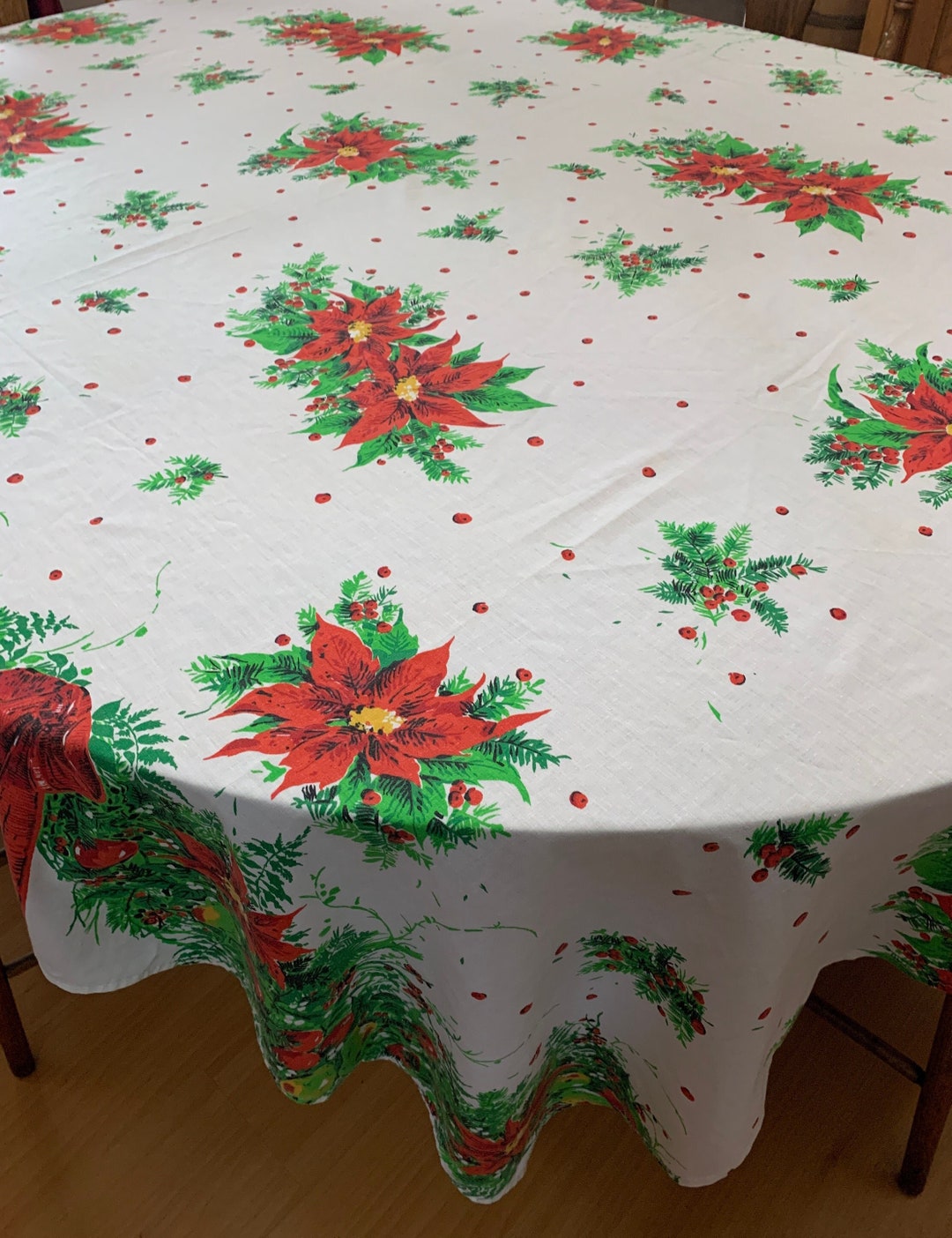 Large Christmas Tablecloth Vintage Printed Red White Green Etsy