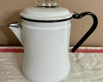Small Vintage White Enamelware Coffee Pot with Glass Knob, Rustic Enamel Display, Cab