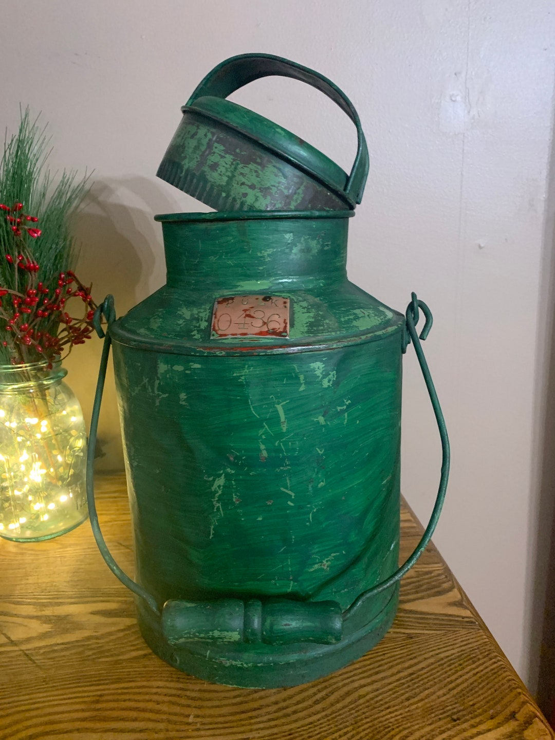 Vintage Milk Pail With Lid, Green Painted Galvanized Metal, Rustic Small Milk Can Jug, Farmhouse