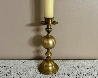 Vintage 10-inch Brass Candlestick, Warm Patina Candle Holder, Fall Mantel Tablescape, Home Decorating