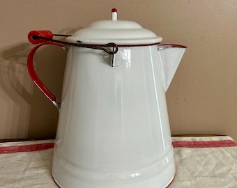 Large Vintage White Enamelware Cowboy Coffee Pot w Red Trim, Rustic Cabin Bunkhouse Farmhouse Kitchen