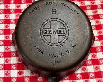 Restored NO. 8 Griswold Cast Iron Skillet, Large Block Logo, Erie PA 704, Restored 10.5 inch
