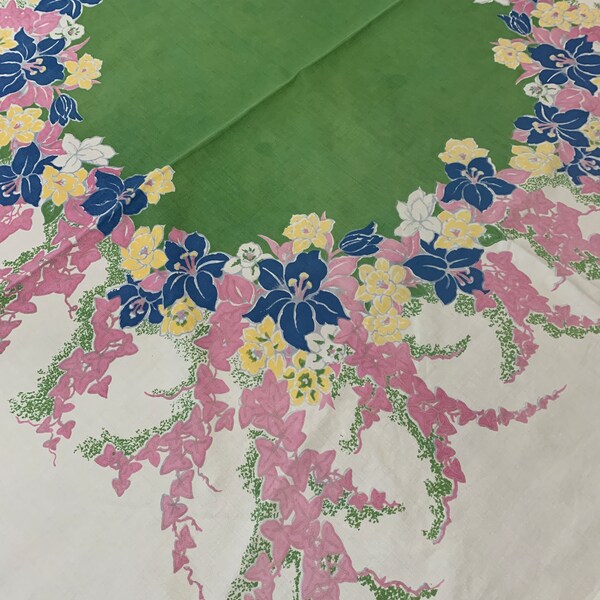 Vintage 1950's Printed Cotton Tablecloth, STARTEX Floral Pink Yellow Blue Green White Cotton, Cottagecore  Kitchen Patio Table, 48 x 50 inch