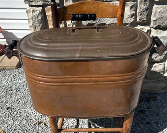 Antique Copper Boiler w Lid: Rustic Firewood Tub Wood Pellet Storage, Fall Winter Fireplace Decor