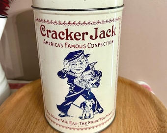 Vintage Cracker Jack Tin, 1980 Advertising Canister, 1920's Replica, White Red Blue Decor