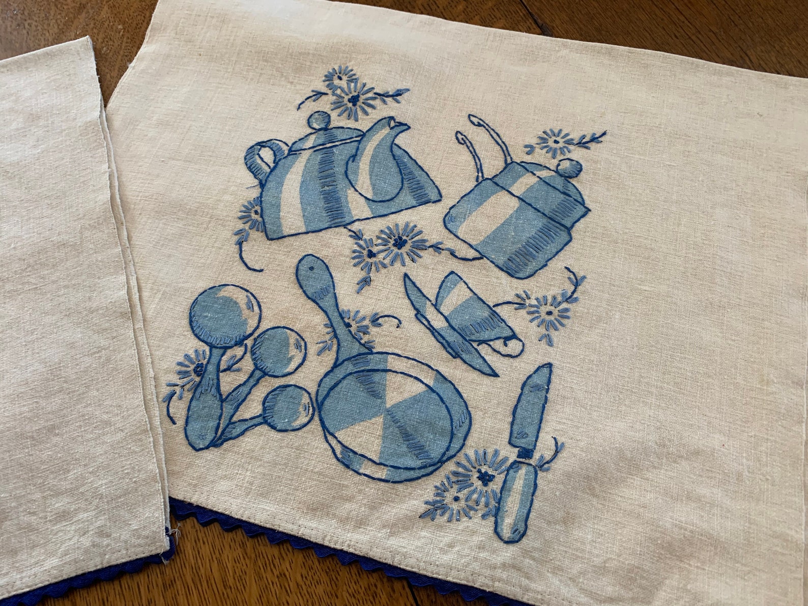 TWO Vintage Hand Embroidered Tea Towels Blue White Cotton Etsy
