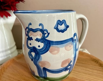 Vintage Cow M.A. Hadley Pitcher, 1.5 Qt. Water Milk Juice, Country Scene, Blue Glazed Pottery