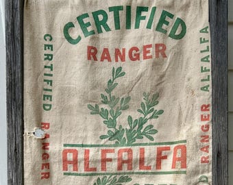 Saco de tela vintage para semillas, Ranger Alfalfa, decoración rústica de granja, proyecto de costura con materiales reciclados
