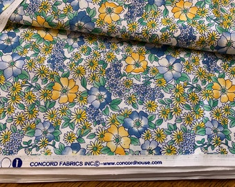 1 Yd. Printed Floral Cotton Fabric, Yellow Blue Green White Flowers, CONCORD Spring Summer Sewing Quilting 44 in wide, BTY 8 yds available