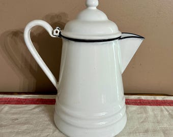 Vintage White Enamelware Coffee Pot, Rustic Farmhouse Bunkhouse Kitchen Decor