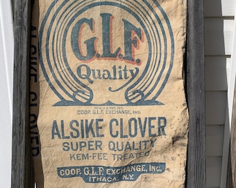 Vintage Clover Seed Cloth Sack, Ithaca NY, Coop. G.F.L. Exchange Unbleached Cotton,  Rustic Decorating Fabric, Repurpose Sewing Decorating