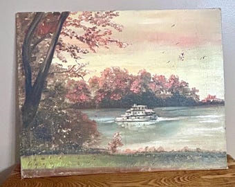 Vintage Fall Oil Painting, River Boat Landscape, Hand Painted Signed, 20 in. x 15.75 inch
