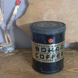 Bokar Coffee Can, Vintage A & P Grocery Black Tin Canister w Screw on Lid, Aged Rustic Primitive Farmhouse Kitchen Coffee Bar Decor
