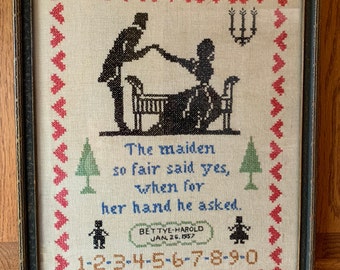 Vintage Hand Embroidered Wedding Sampler Gift, 1950s Wood Frame Cross Stitch Embroidery Needlework, Marriage Theme Wall Art, 17 x 13 inch