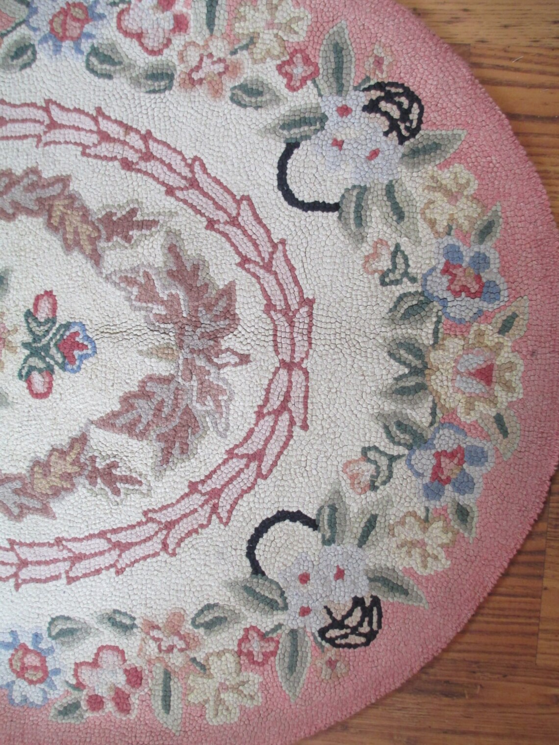 Vintage Oval Hooked Rug Pink Floral Wool 32 x Etsy