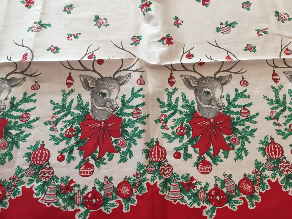 Vintage Christmas fabric Cotton 1960's Reindeer Deer Red Etsy