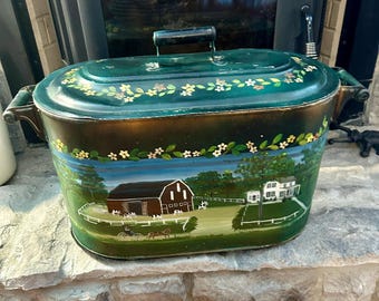 Antique Hand Painted Metal Boiler, Folk Art Summer & Winter Fireplace Porch Seasonal Decorating