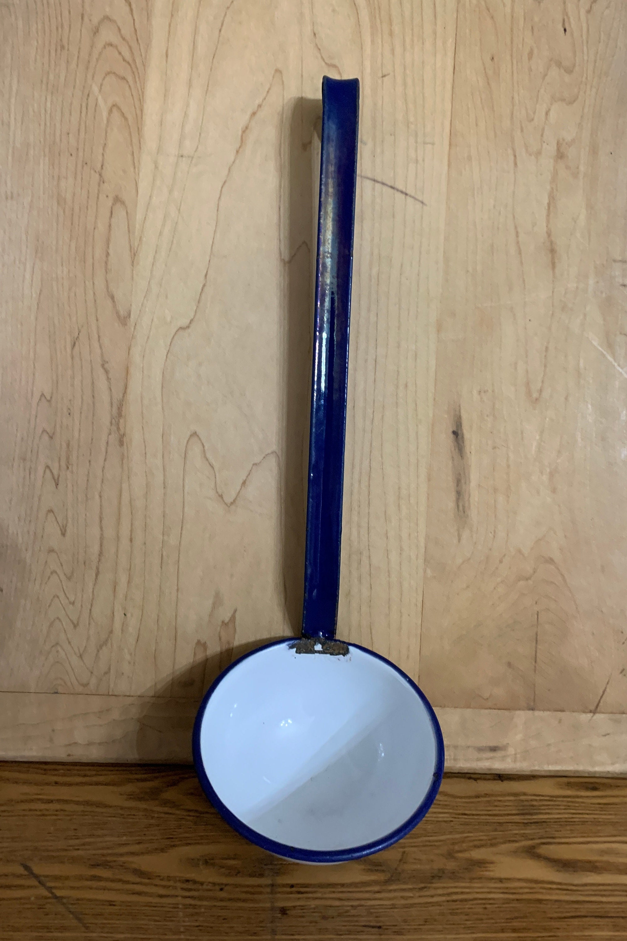 Vintage White Enamel Soup Ladle With Blue Trim Enamelware Etsy