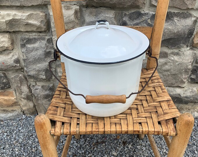 Vintage White Enamelware Chamber Pot W Lid Black Trim, Wire Bail Wood Handle, Rustic Cabin