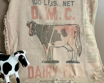 Vintage Dairy Feed Sack, Holstein Cow, Advertising Feedsack, Unbleached Cotton Sewing Decor