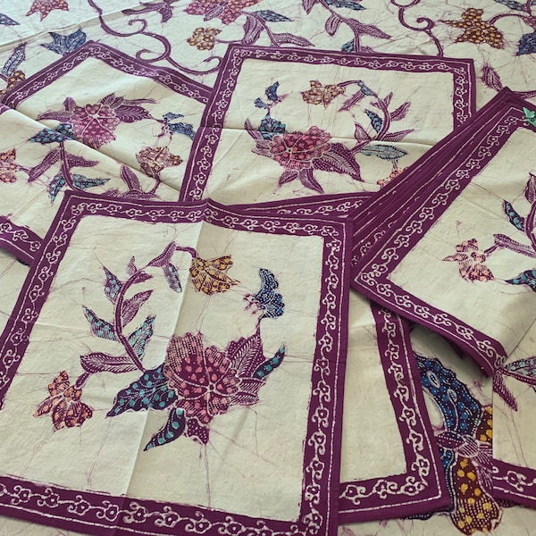 Vintage 1970's Boho Cotton Tablecloth w 8 Napkins, Butterflies Cream Purple Batik Block Print w Fringe, Approx. 94 Long x 54 Wide, Rectangle