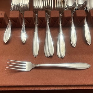 May include: A collection of silverware, including forks and spoons, arranged in a red felt-lined drawer. The silverware has a shiny, reflective surface. A single fork is in the foreground.