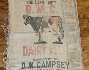 Vintage Dairy Feed Sack, Holstein Cow, Advertising Feedsack, Unbleached Cotton Sewing Decor