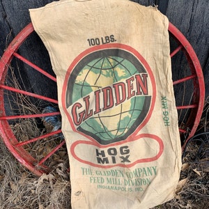 Vintage Printed HOG Feed Sack, Glidden Feeds Hog Mix Globe Graphic Indianapolis IN, Cloth Farm Sack, Rustic Repurpose Cotton Sewing Project