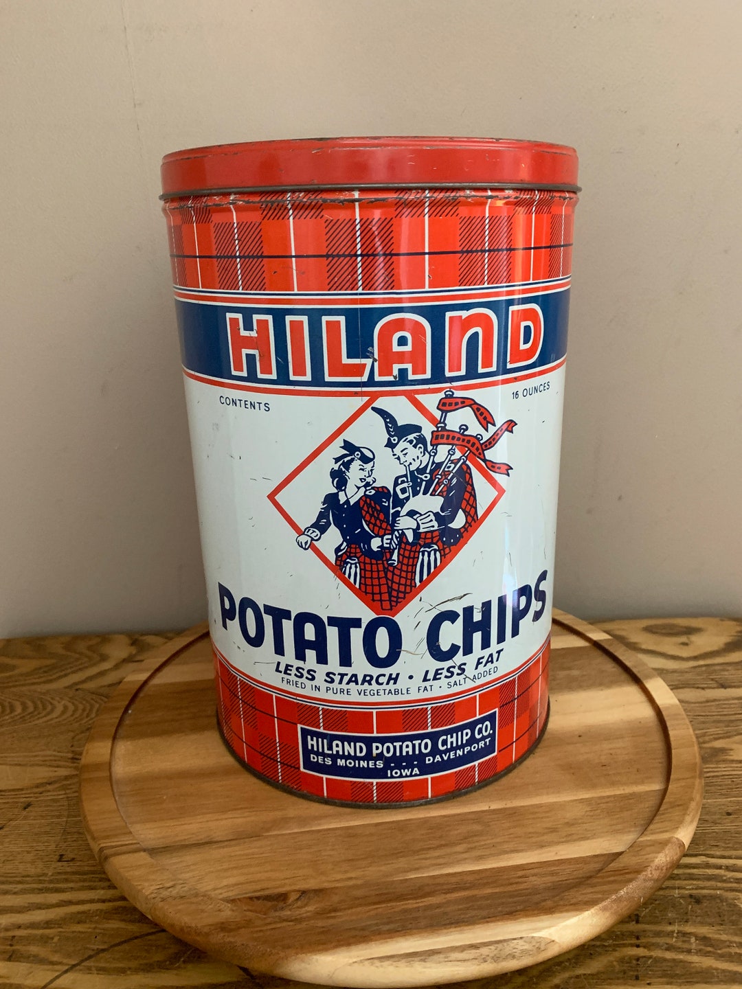 Vintage Hiland Potato Chip Tin Canister, Scottish Graphics Highlander