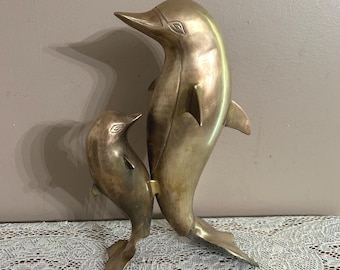 Large Vintage Brass Dolphins Figurine, 11.75 in tall, Aquatic Animal Decor, Warm Patina