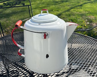 Large Vintage White Enamelware Cowboy Coffee Pot w Red Trim, Chippy Rustic, Cabin Farmhouse
