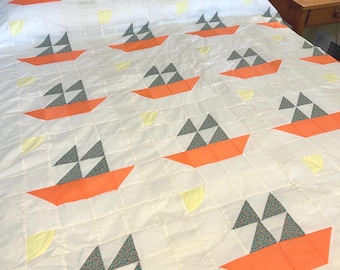 Parte superior de colcha de velero vintage, proyecto de patchwork náutico sin terminar, costura reutilizada (90 x 102)