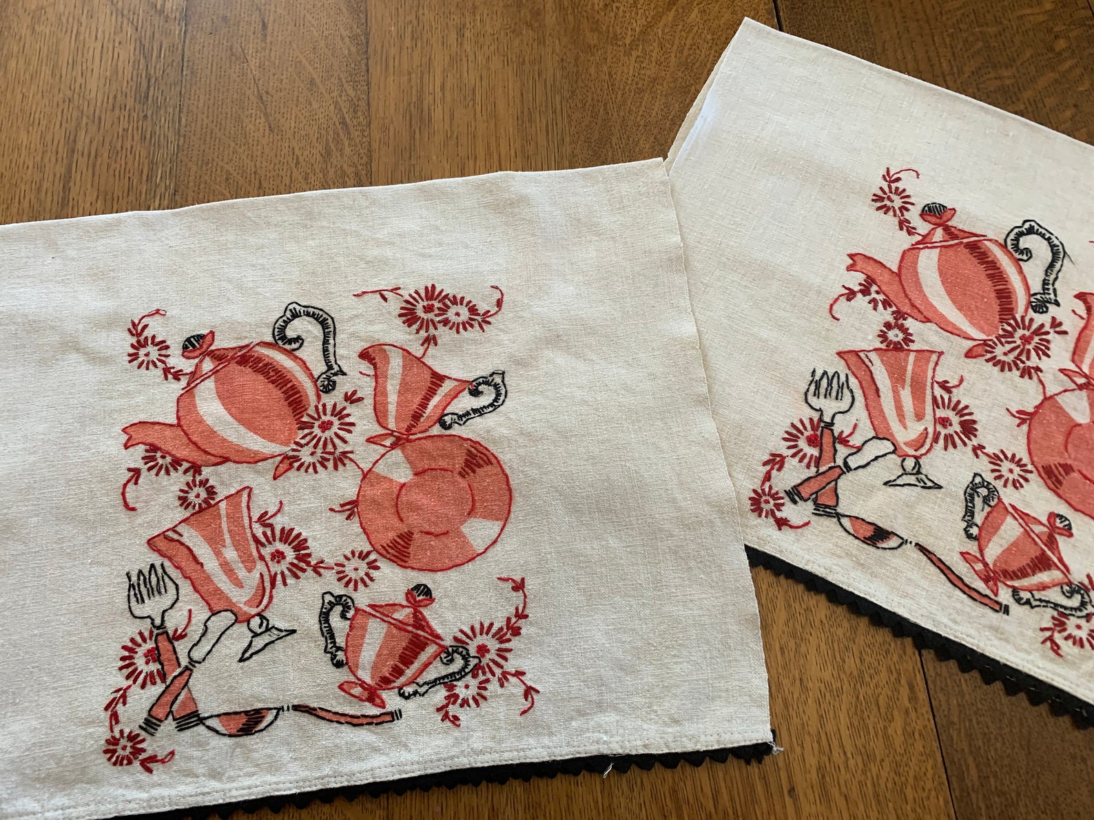 TWO Vintage Hand Embroidered Tea Towels Blue White Cotton Etsy