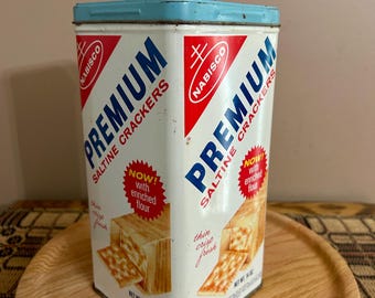 Vintage 1960s Nabisco Cracker Tin, Metal Advertising Canister, Red Blue White, Kitchen Storage Decor