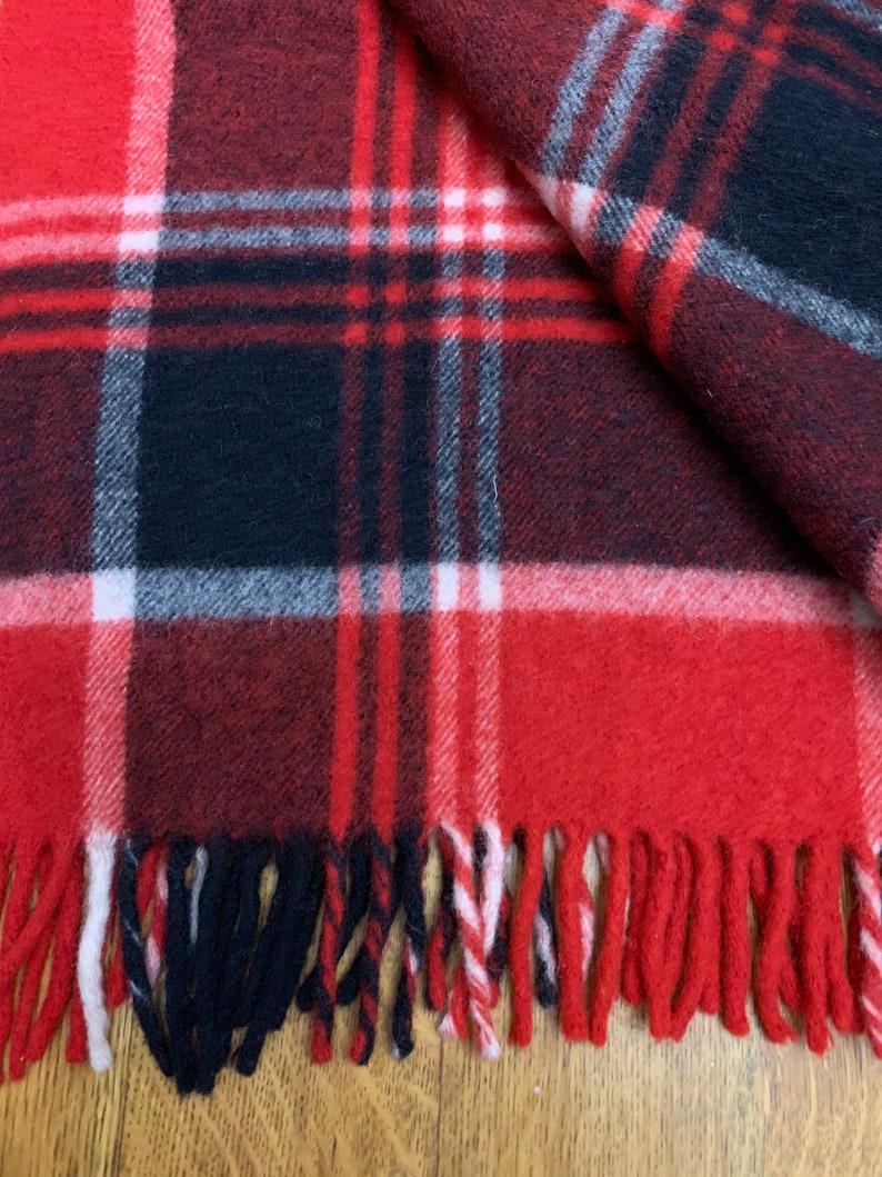 Red Black White Plaid Wool Throw Blanket with Fringe Vintage Etsy