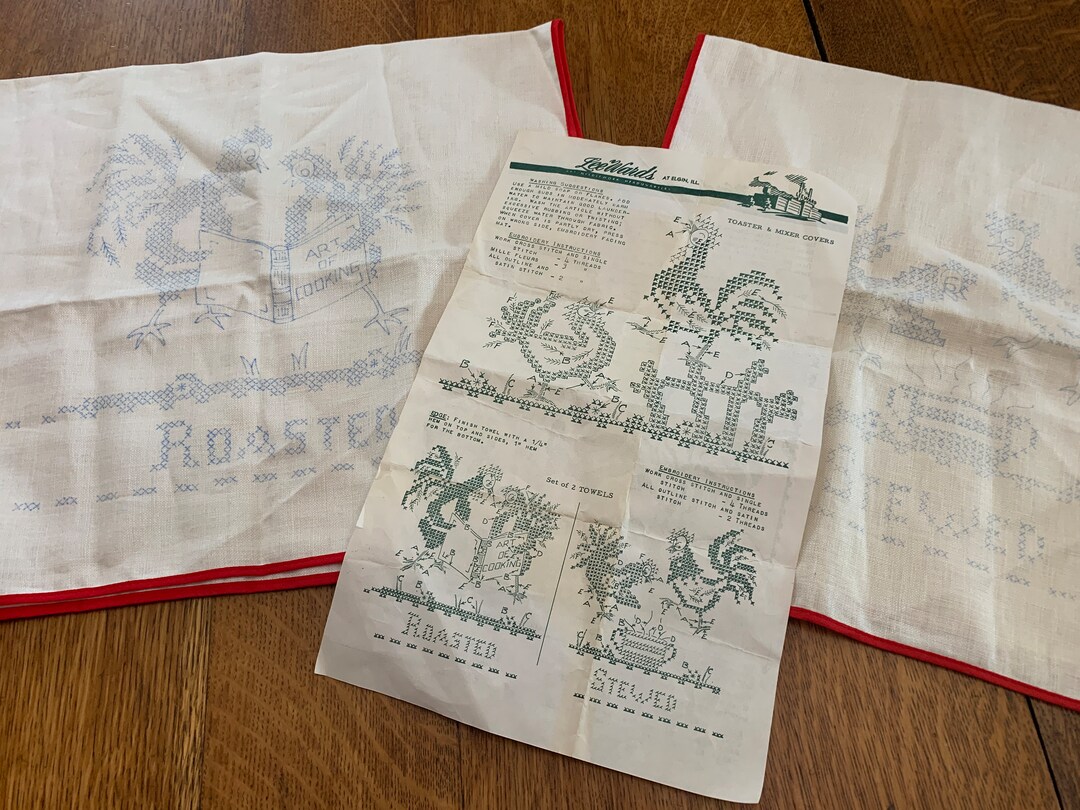 Two Vintage 1950's Stamped Tea Towels to Embroider, Chicken Rooster