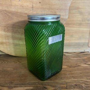 Vintage Owens Forest Green Glass SUGAR Canister, Diagonal Ribbed, 1930&#39;s Cottage Farmhouse Kitchen, Depression Era Decor Gift
