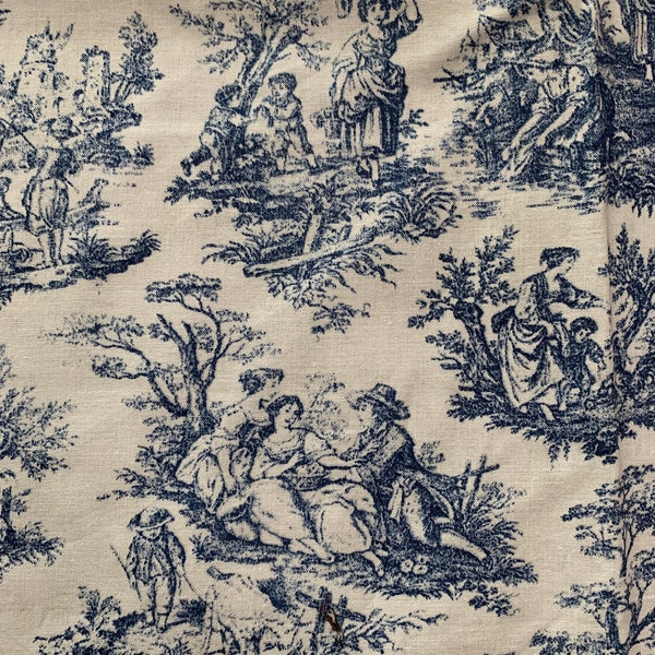 2 yds Cotton Toile Fabric Blue w Light Blue, Pastoral French Cottage Decorating Apparel Tote Pillow Material, Two One Yard Pcs. 45 in Wide