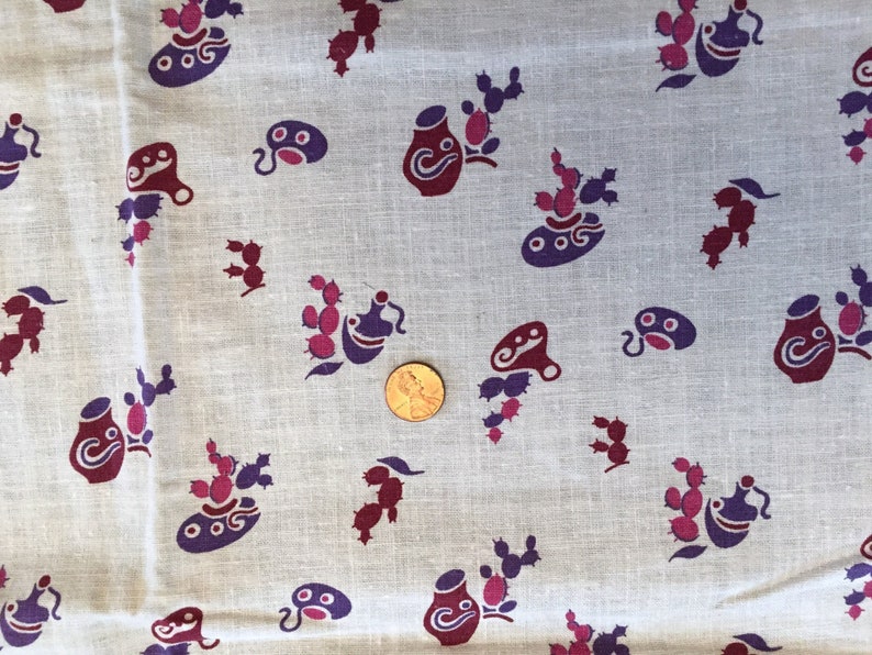 Printed Cotton Feedsack Vintage Feed or Flour Sack Fabric Quilting Sewing Material Novelty Southwest Purple Cactus Pottery
