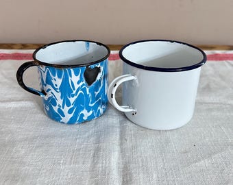 2 pc. Lot, Vintage Enamelware & Blue Swirl Graniteware Mugs, Rustic Chippy Cups, Cabin Kitchen