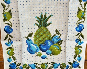 Paño de cocina de lino vintage sin usar, estampado de piñas en azul aguamarina y verde, decoración retro para la cocina.