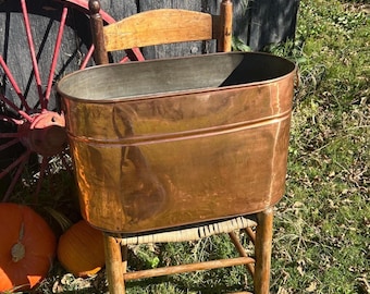 Antique Shiny Copper Boiler Tub, Rustic Firewood Holder, Farmhouse Kindling Firepit Wood Pellet Storage