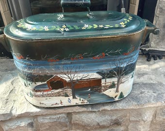 Antique Hand Painted Metal Boiler, Folk Art Summer & Winter Fireplace Porch Seasonal Decorating