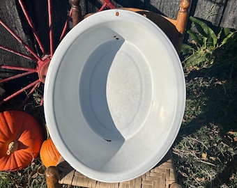 Vintage Oval White Enamelware Wash Tub: Large Child's Bath, Photo Prop Display 22x17.5x6 inches