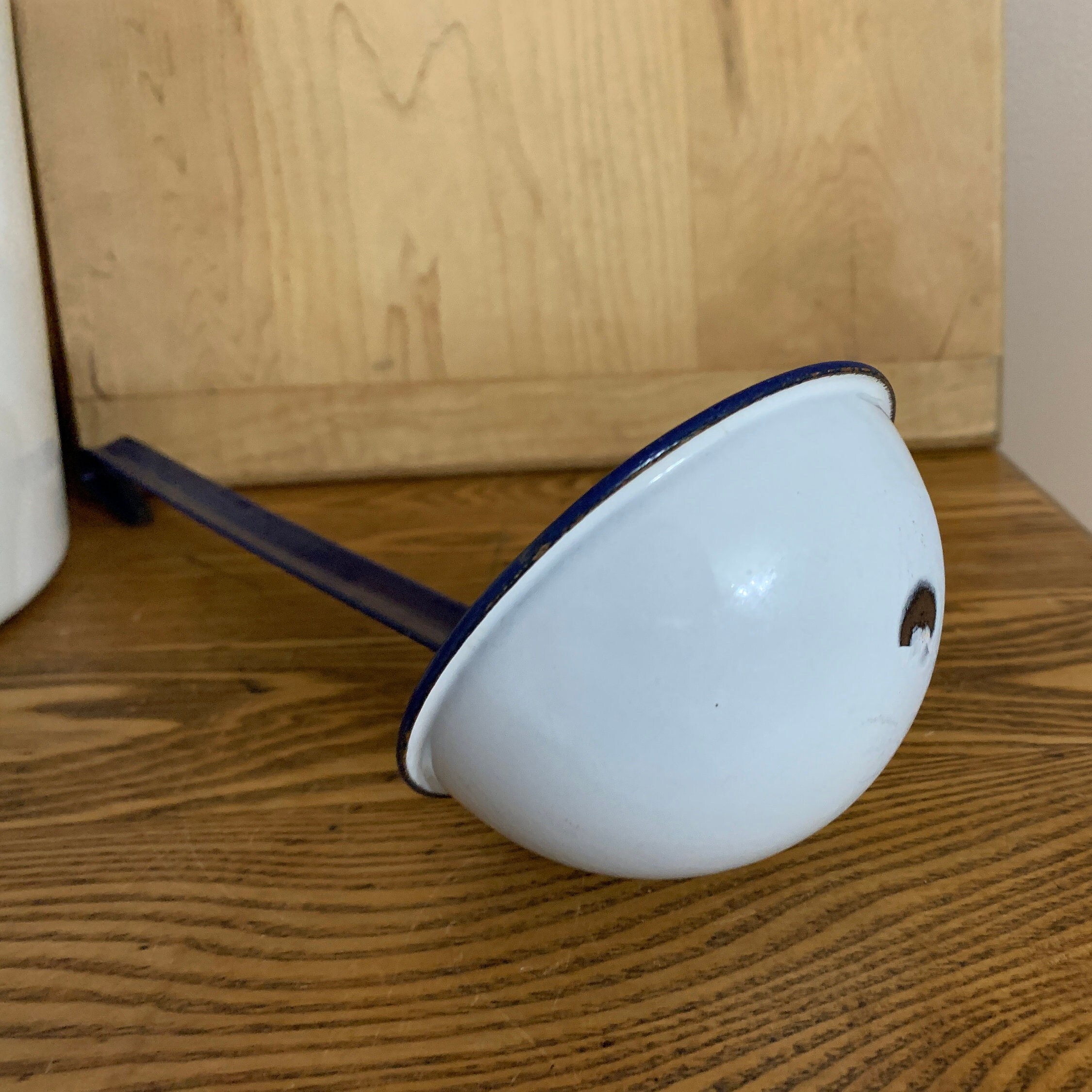 Vintage White Enamel Soup Ladle With Blue Trim Enamelware Etsy