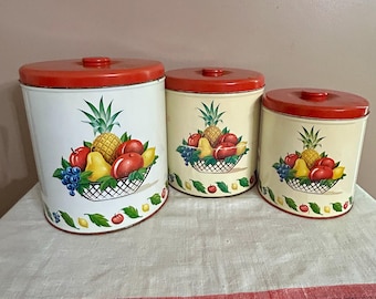 3 pc Fruit Metal Kitchen Canisters, Decoware Red White Vintage 1940s 1950's Display Storage