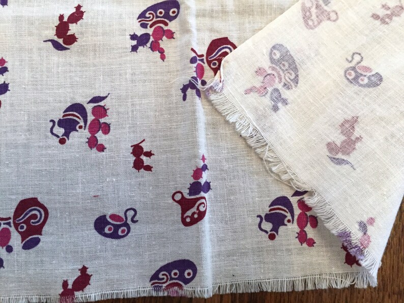 Printed Cotton Feedsack Vintage Feed or Flour Sack Fabric Quilting Sewing Material Novelty Southwest Purple Cactus Pottery